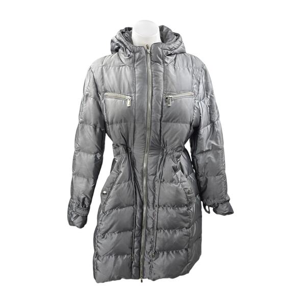Michael Kors Gray Down Hoodie Hooded Long Sleeve Quilted Puffer Jacket Size L - Picture 1 of 5